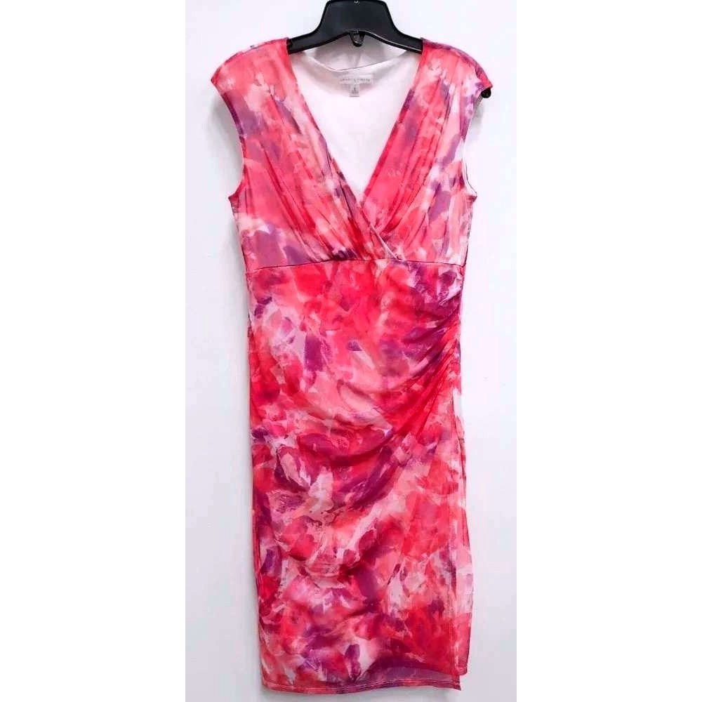 London Times Sheath Dress Womens 12 Pink Floral Faux Wrap Ruched V-Neck Knee